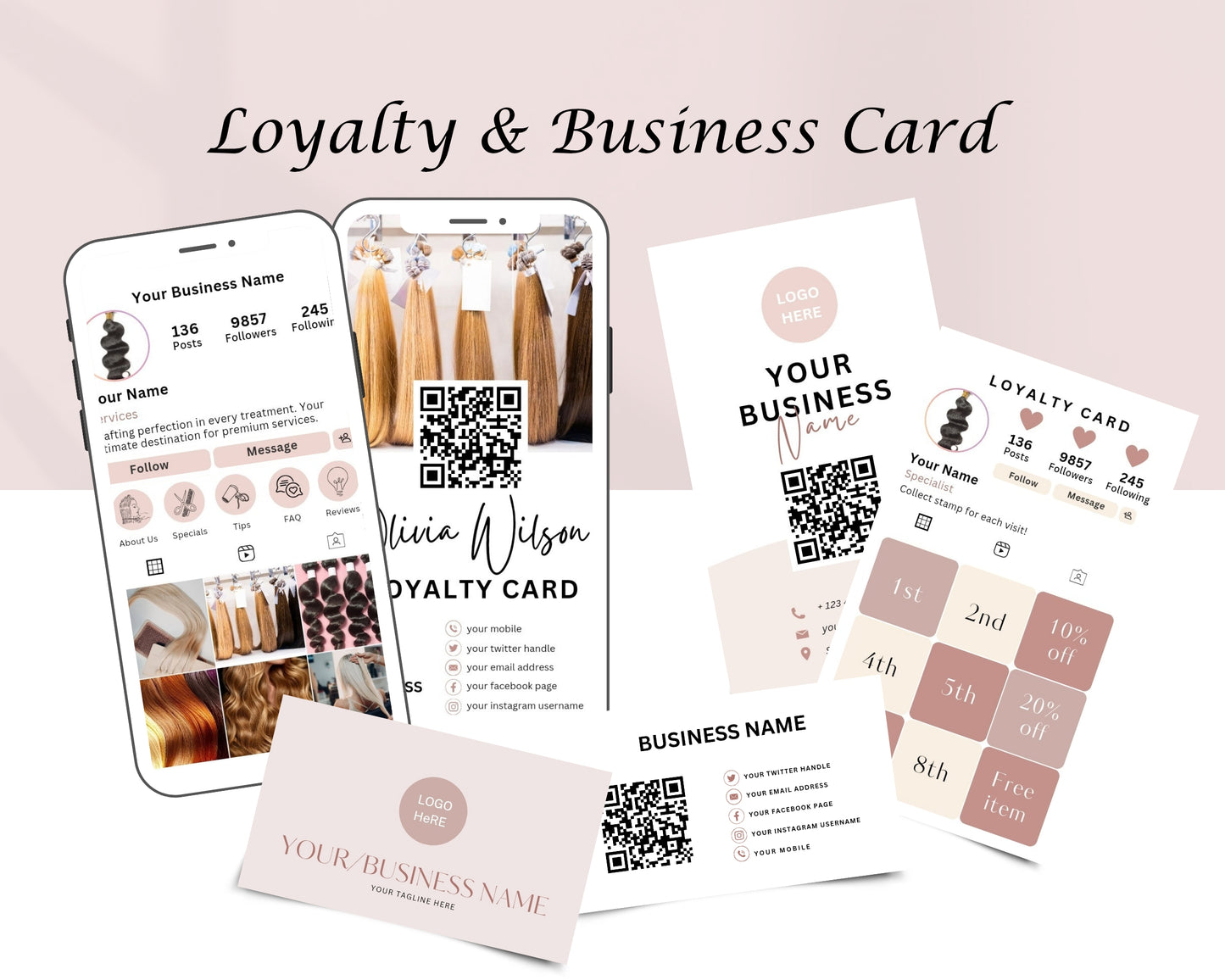 Hair Extensions Business Forms, Consultation form, Client consent form, Loyalty & Business Card, Edit in Canva