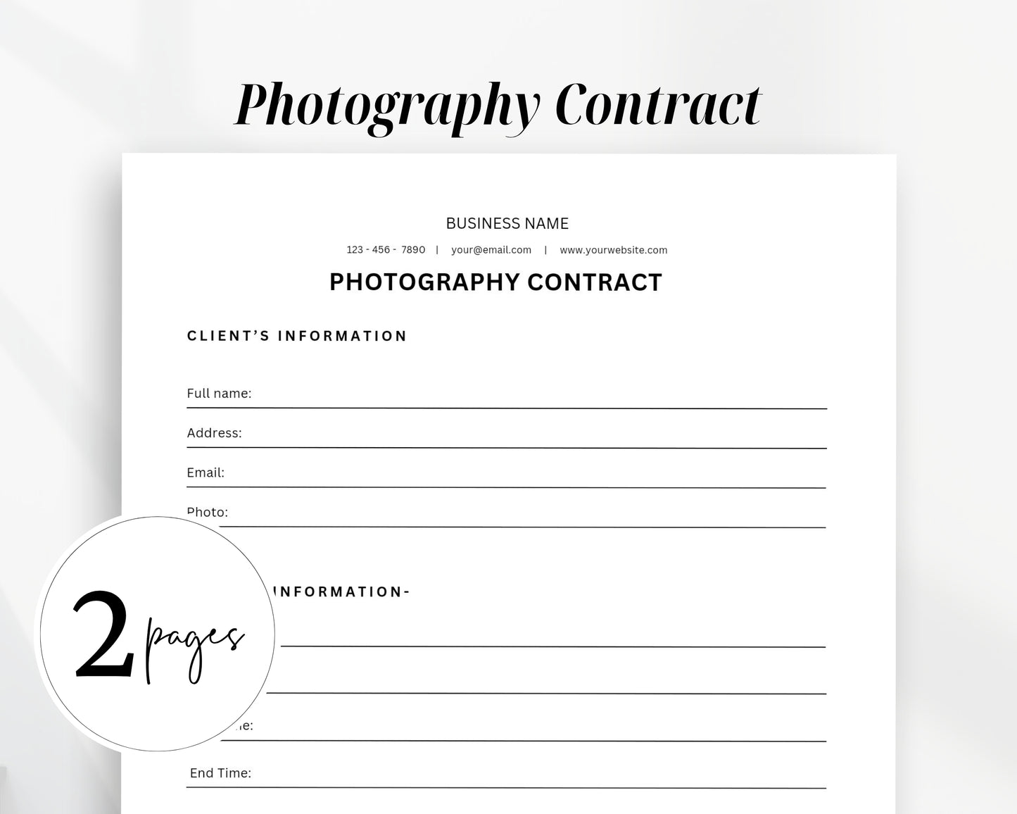 Photography Contract Printable Form, Edit in Canva, Digital