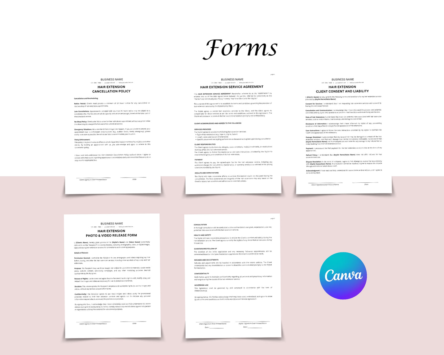 Hair Extensions Business Forms, Consultation form, Client consent form, Loyalty & Business Card, Edit in Canva