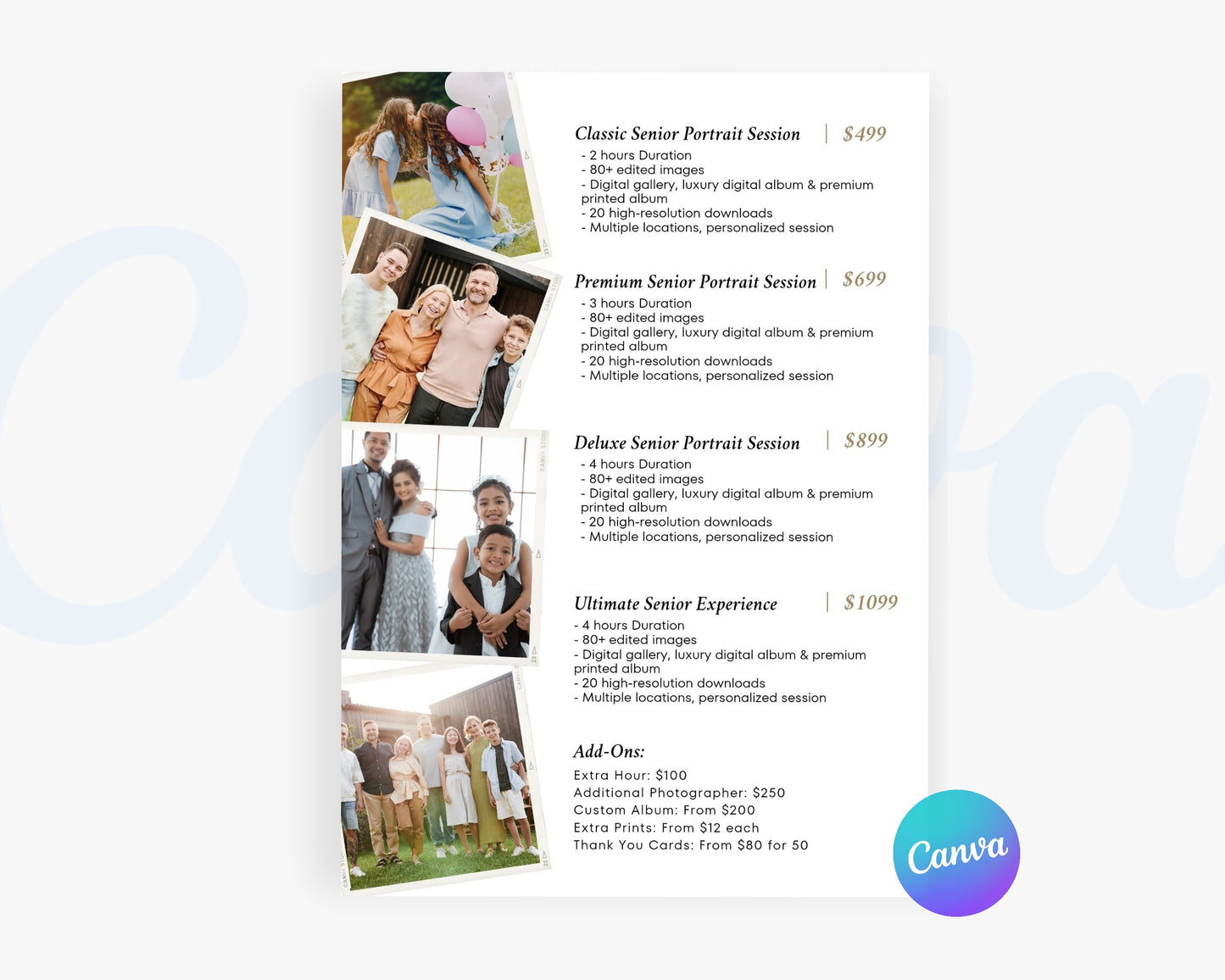 Photography Pricing Guide, Wedding Photography Price List, Edit in Canva - PDP23