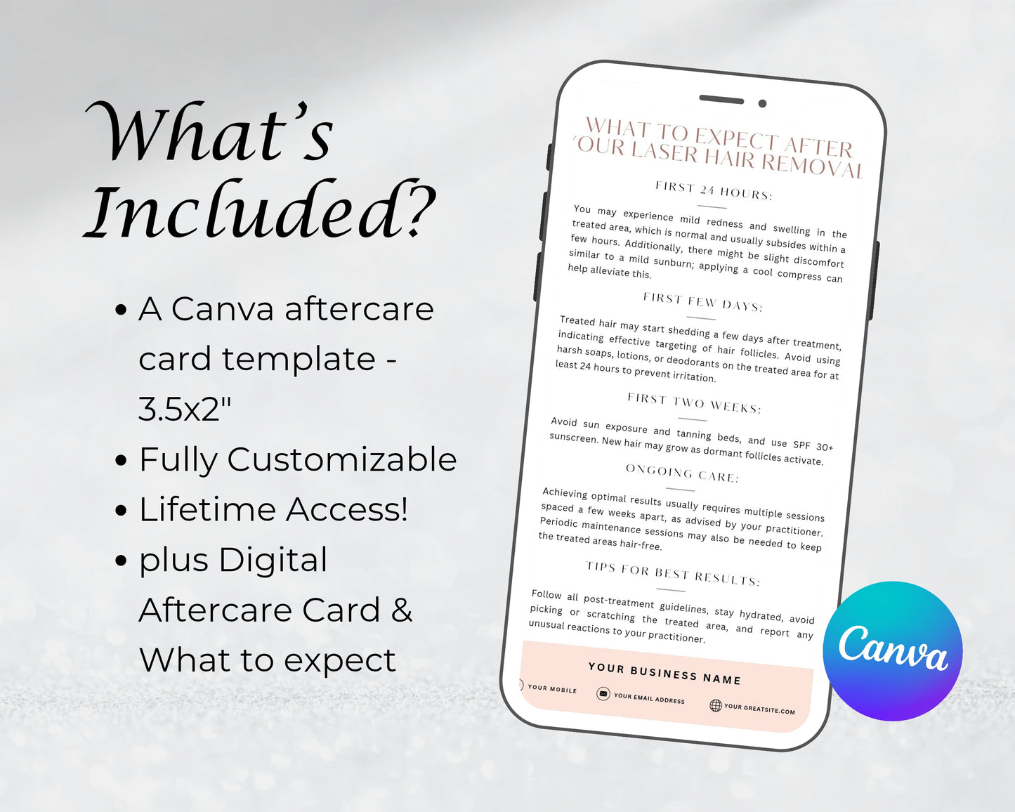 Laser Hair Removal Care Card, Aftercare Card, Edit in Canva