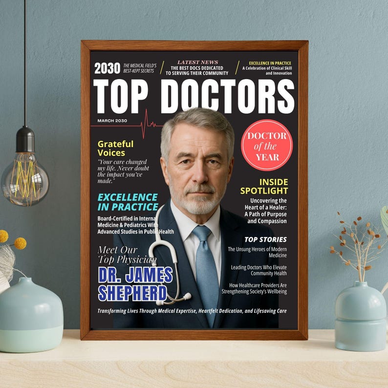 Doctor Magazine Cover, Doctor Retirement Gift, Men and Women Gifts for Doctor, Editable in Canva