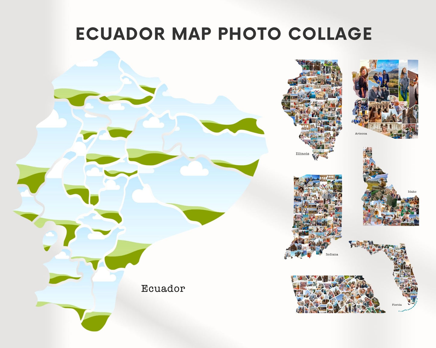 EDITABLE Ecuador Map Photo Collage, 20+ Photos, Map Wall Art, CANVA, Digital
