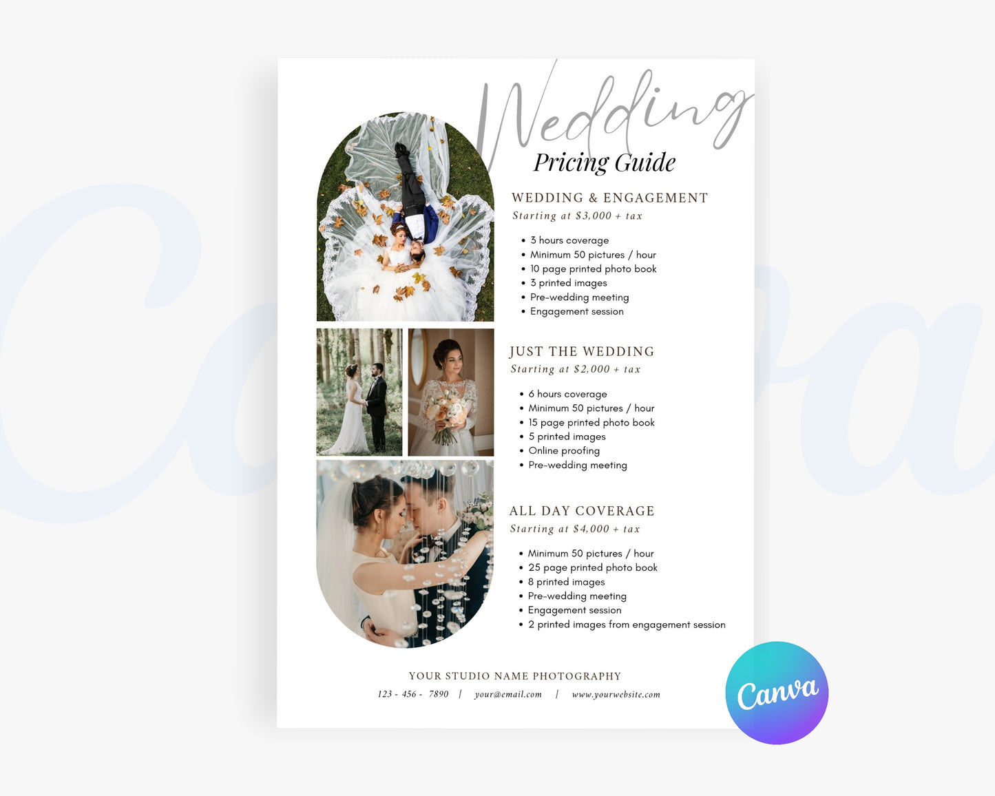 Photography Pricing Guide, Wedding Photography Price List, Edit in Canva - PDP03