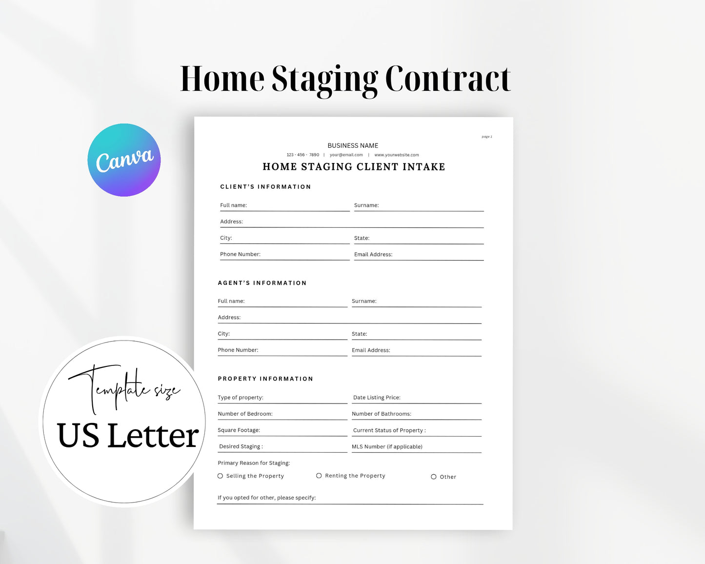 Home Staging Contract Printable Form, Edit in Canva, Digital