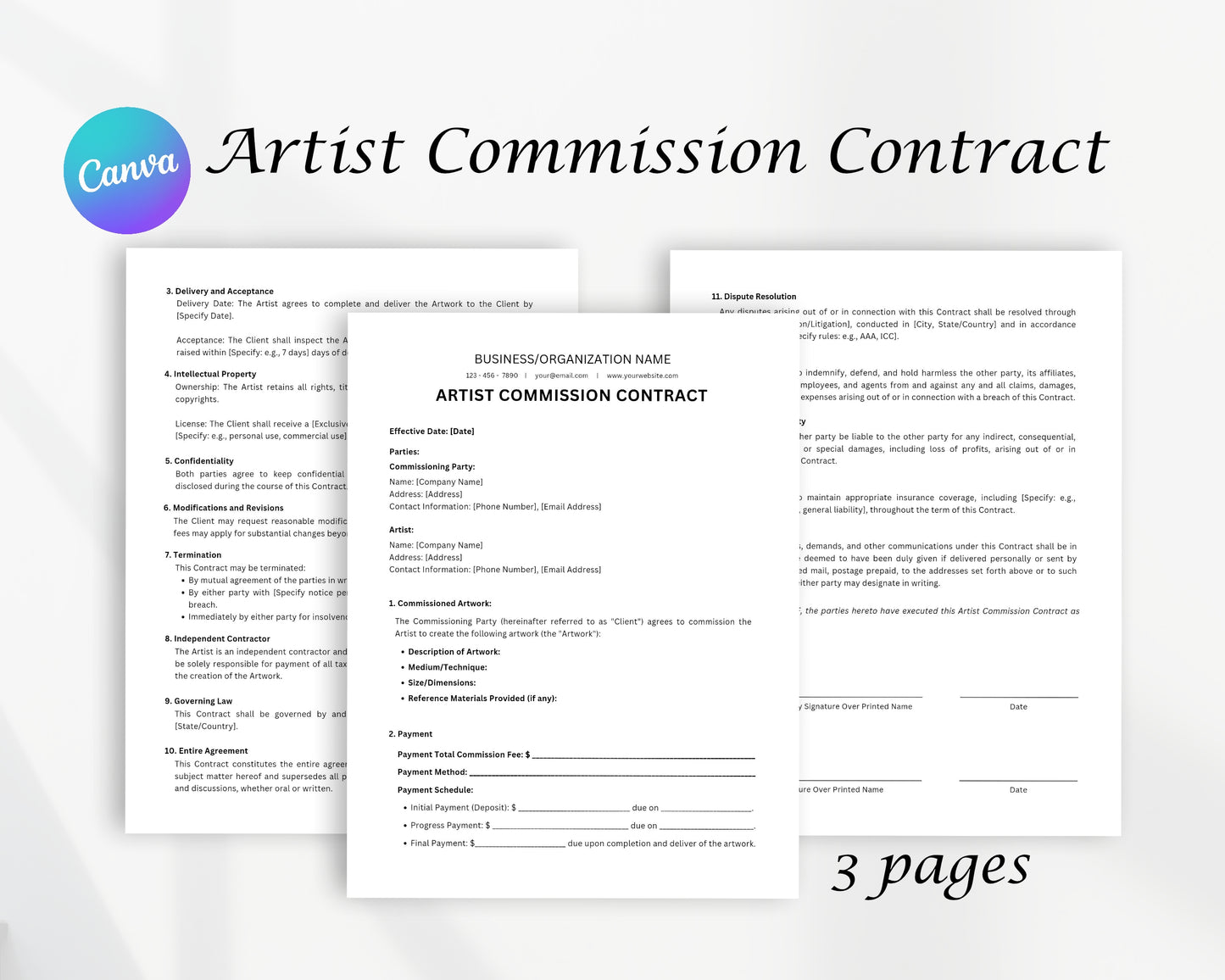 Artist Commission Contract Printable Form, Edit in Canva, Digital