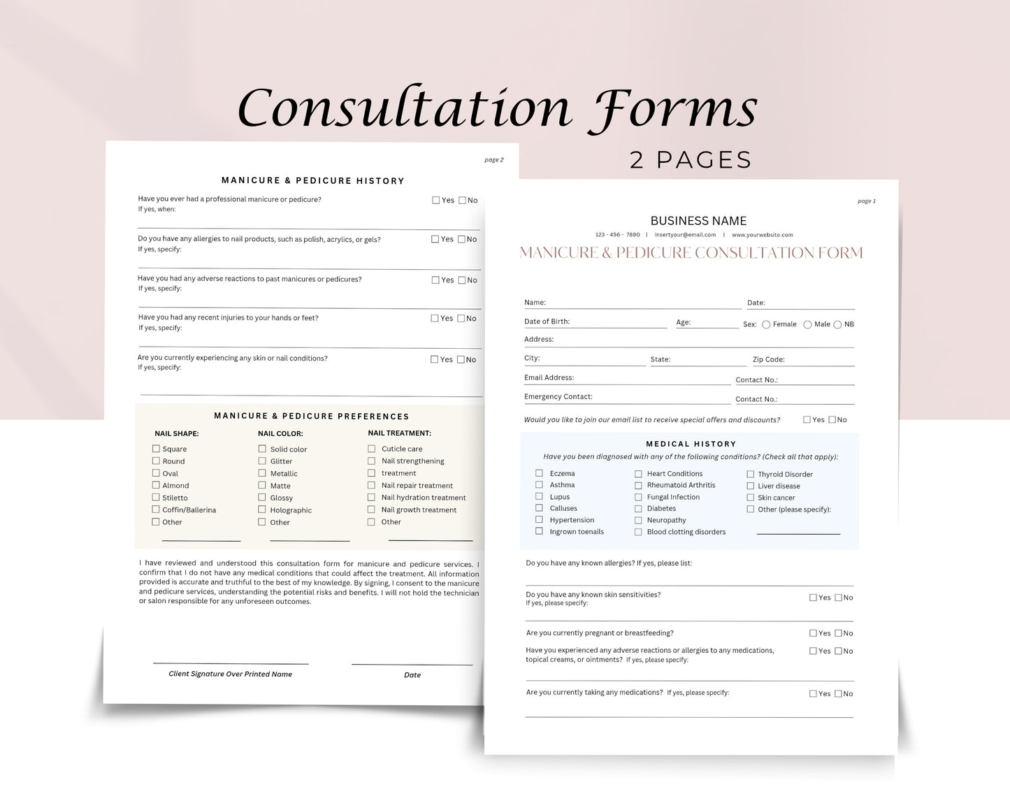 Manicure & Pedicure Business Forms, Consultation form, Client consent form, Loyalty & Business Card, Edit in Canva