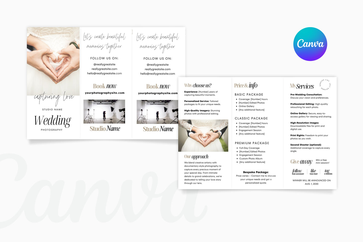 Photography Trifold Flyer Template, Welcome Packet Guide, Newborn, Edit in Canva - PTD1