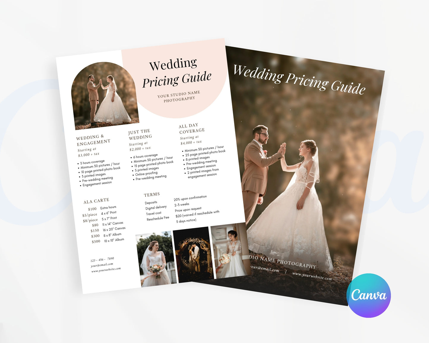 Photography Pricing Guide, Wedding Photography Price List, Edit in Canva - PDP02