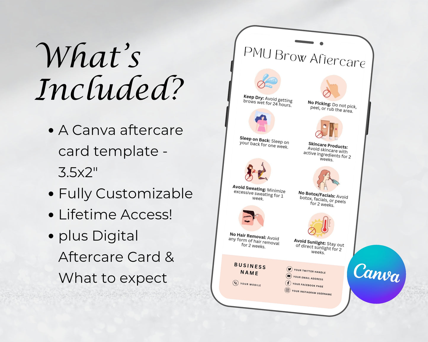 Permanent Makeup Care Card, PMU Aftercare Card, Edit in Canva