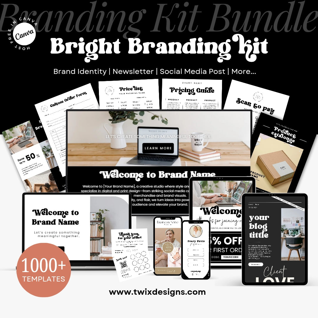 Editable Bright Branding Kit, DIY Canva Modern Black Grey theme, Thank You Business Cards, Social Media Post, Websites, 1000+ templates