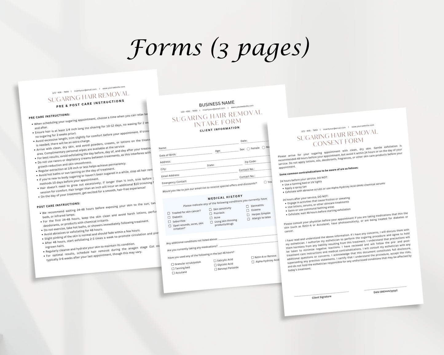 Sugar Hair Removal Form, Consultation form, Client consent form, Editable in Canva