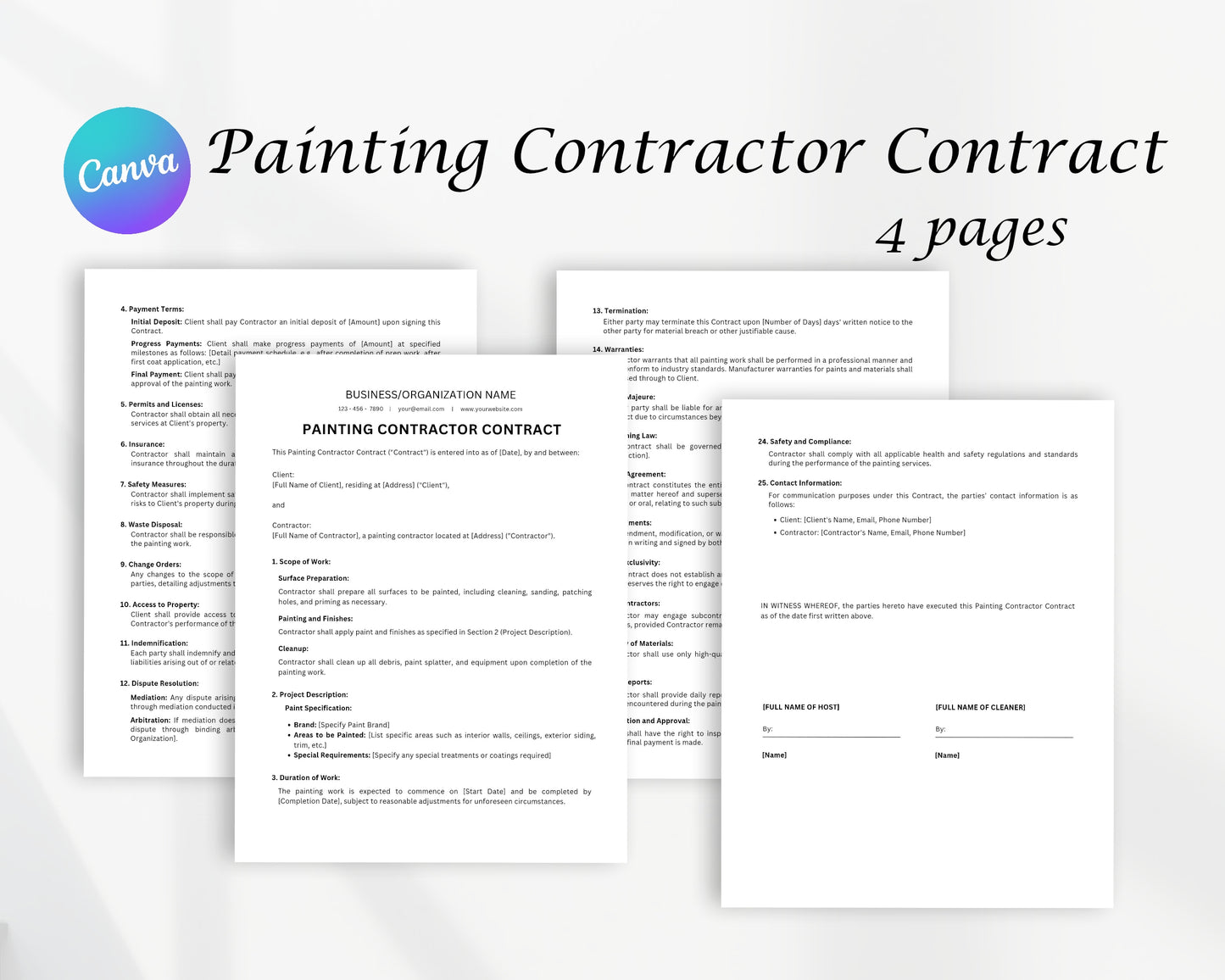 Painting Contractor Contract Printable Form, Edit in Canva, Digital