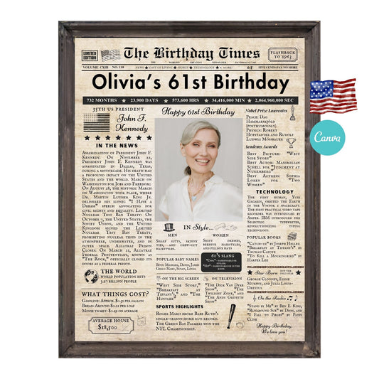 61st Birthday Vintage Brown Newspaper, EDITABLE Birthday Posters, Printable Newspaper Birthday Gifts, Canva