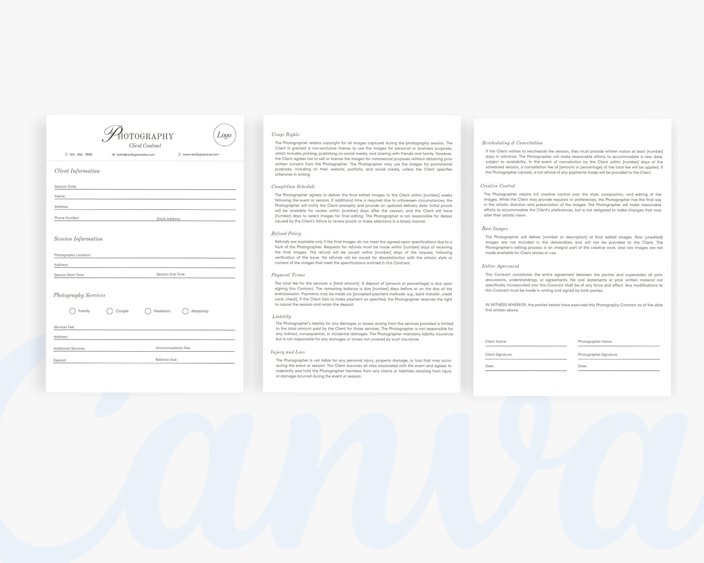 Photography Client Contract Forms, Edit in Canva