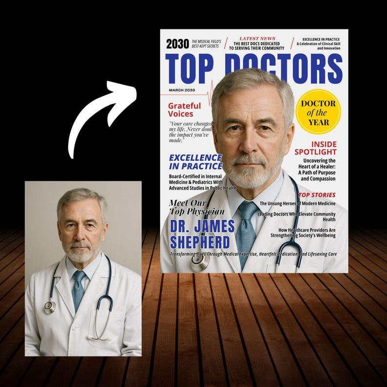 Doctor Magazine Cover, Doctor Retirement Gift, Men and Women Gifts for Doctor, Editable in Canva