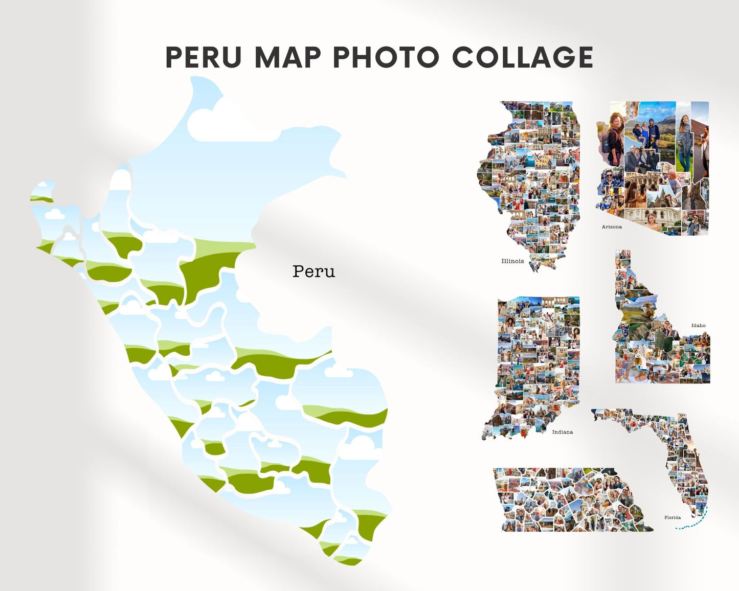 EDITABLE Peru Map Photo Collage, 23 Photos, Map Wall Art, CANVA, Digital