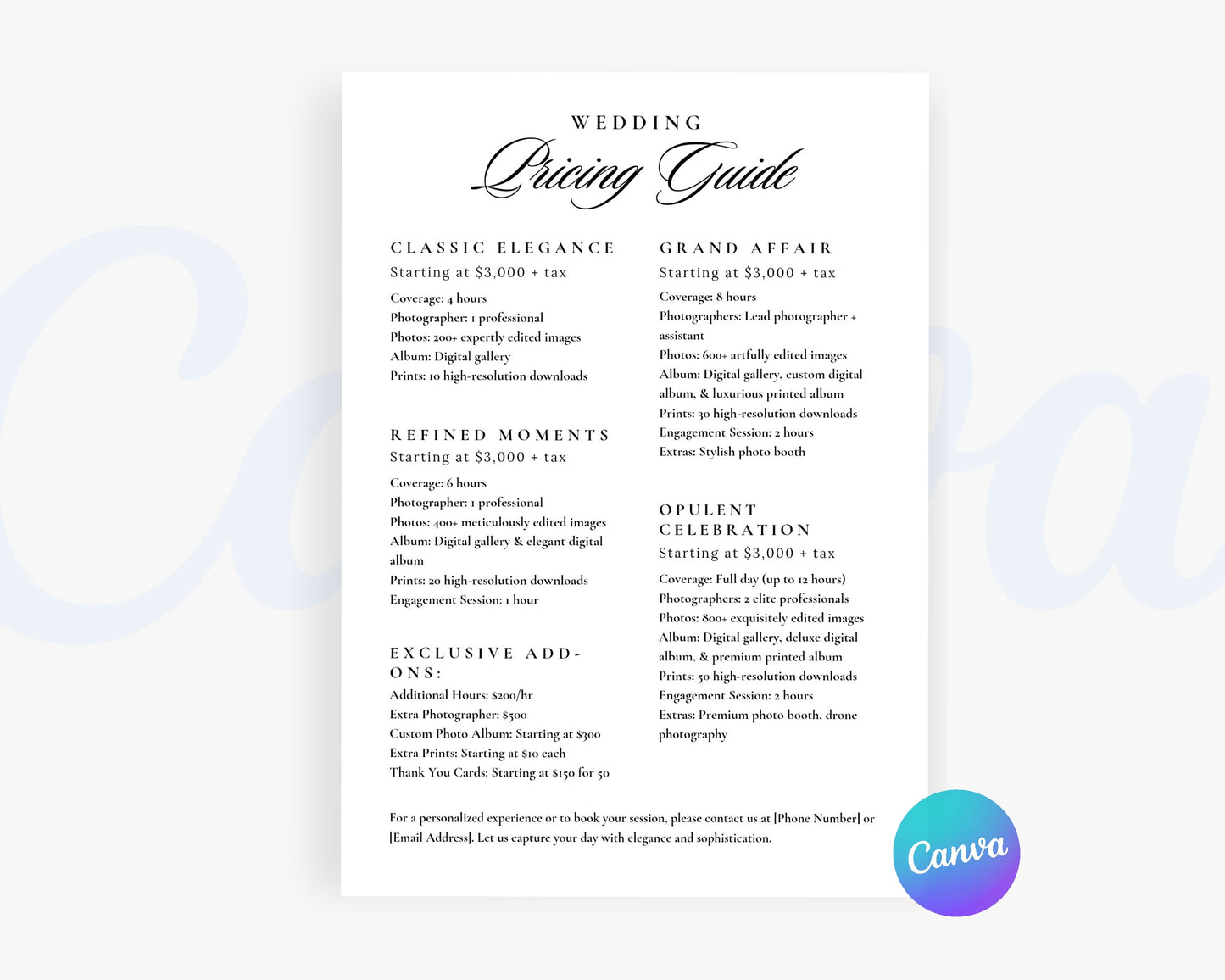 Photography Pricing Guide, Wedding Photography Price List, Edit in Canva - PDP08