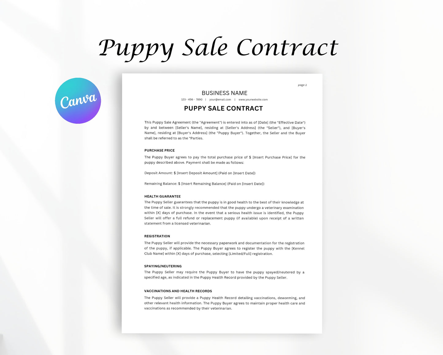 Puppy Sales Printable Form, Edit in Canva, Digital
