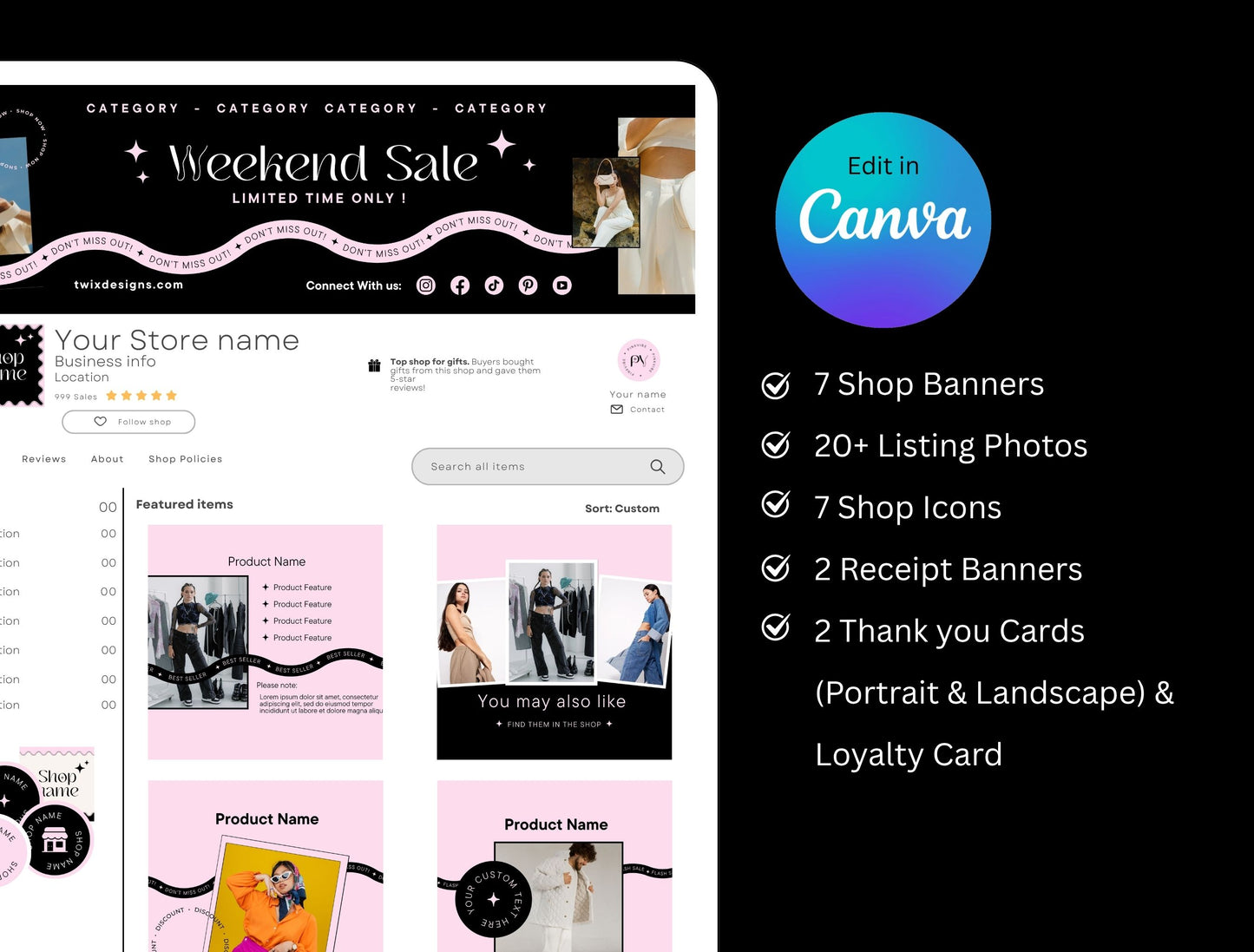Etsy Shop Kit Pinkvibe Bundle, Editable Canva Templates, Product Listing Photos Mockup, Etsy Seller Retro Drawn Store Branding