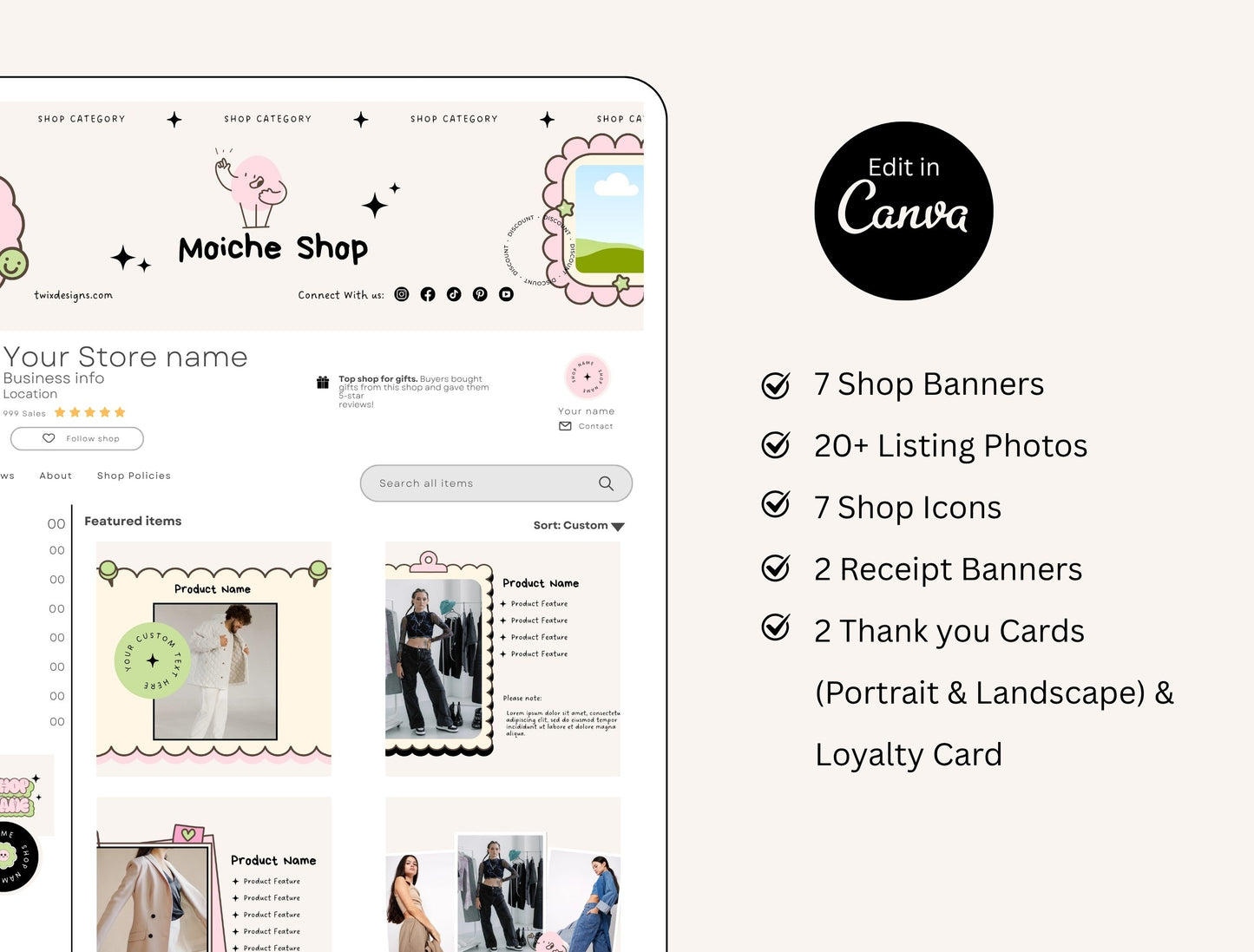 Etsy Shop Kit Mochie Bundle, Editable Canva Templates, Product Listing Photos Mockup, Etsy Seller Store Branding