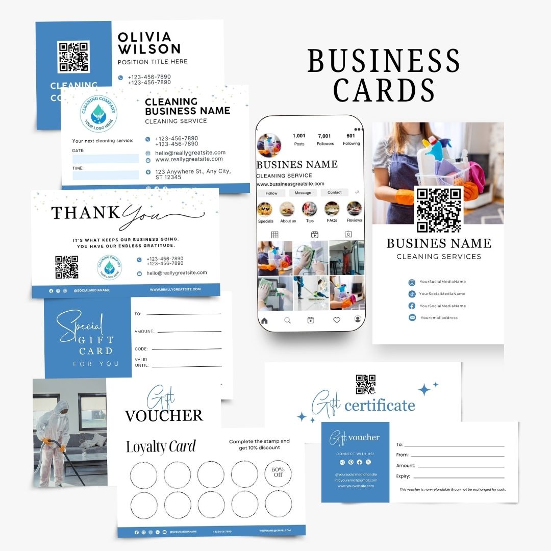 Cleaning Services Bundle, Business Forms, Door Hanger, Flyers, Business Card, Social Media Post, Canva Templates Blue Themes
