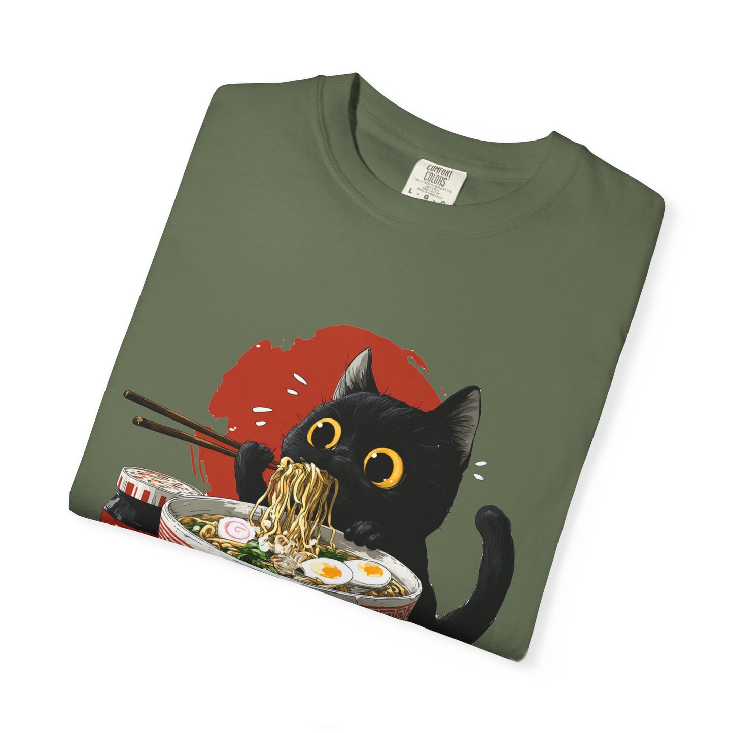 Cat eating ramen noodles Unisex Garment-Dyed T-Shirt - Casual Vintage Style for Everyday Wear