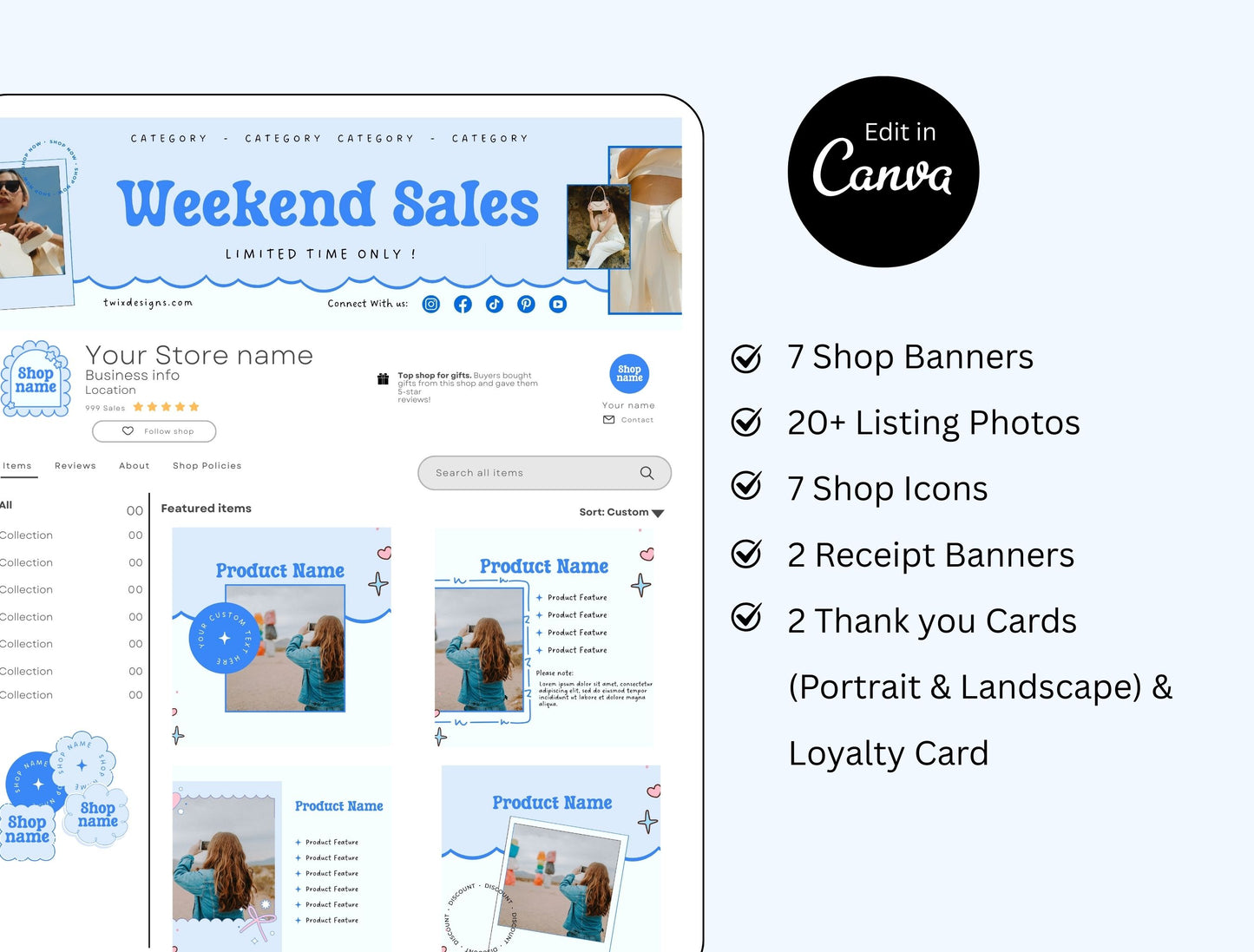 Etsy Shop Kit Luckygrin Bundle, Editable Canva Templates, Product Listing Photos Mockup, Etsy Seller Store Branding