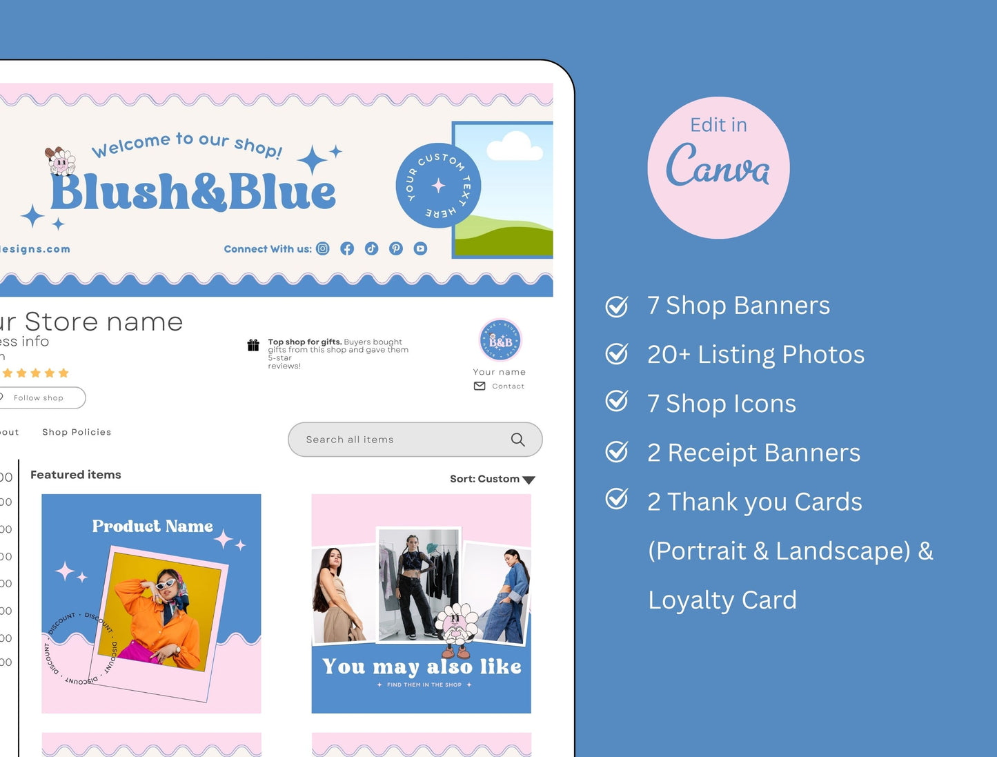 Etsy Shop Kit Blush&Blue Bundle, Editable Canva Templates, Product Listing Photos Mockup, Etsy Seller Store Branding