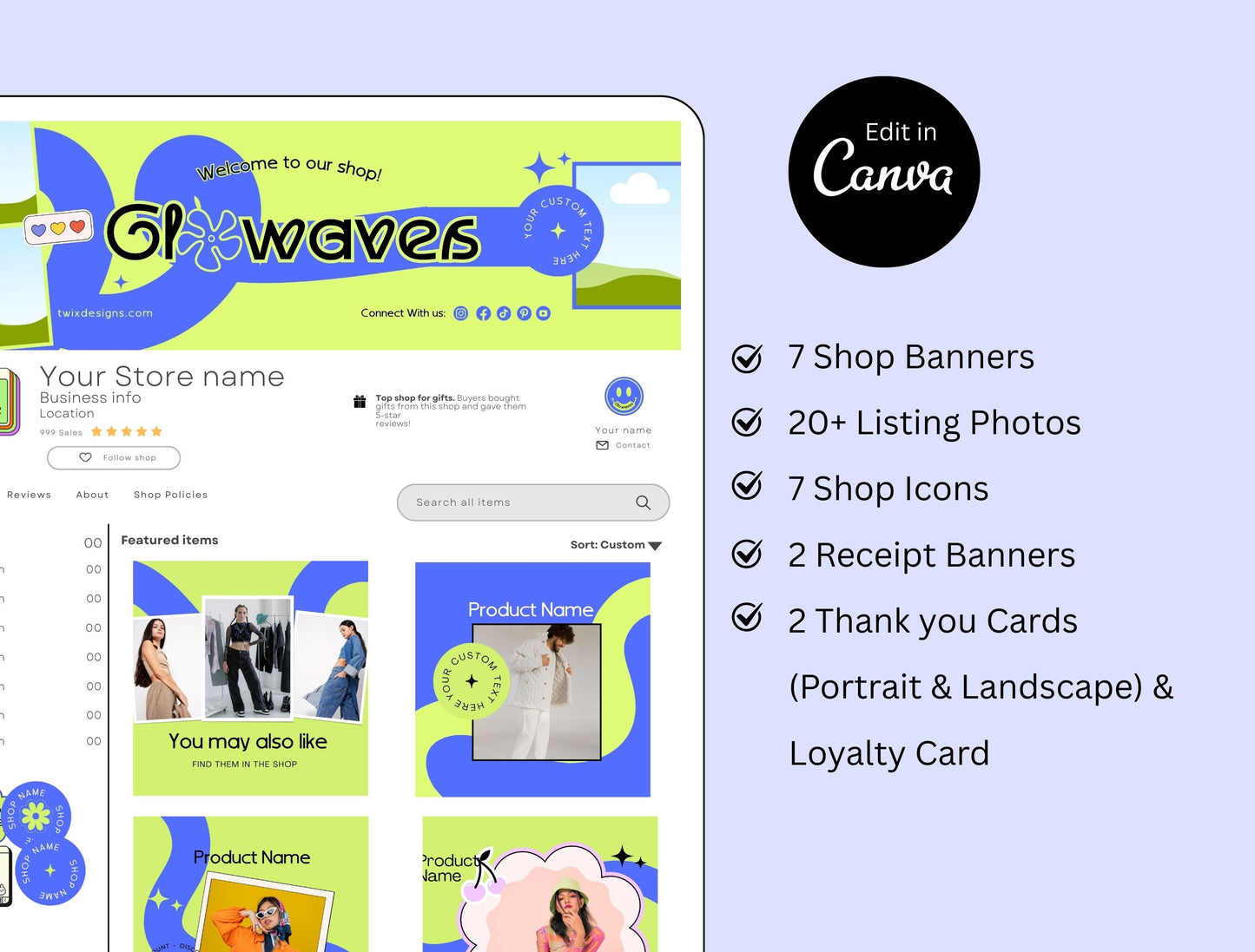 Etsy Shop Kit Glowaves Bundle, Editable Canva Templates, Product Listing Photos Mockup, Etsy Seller Store Branding