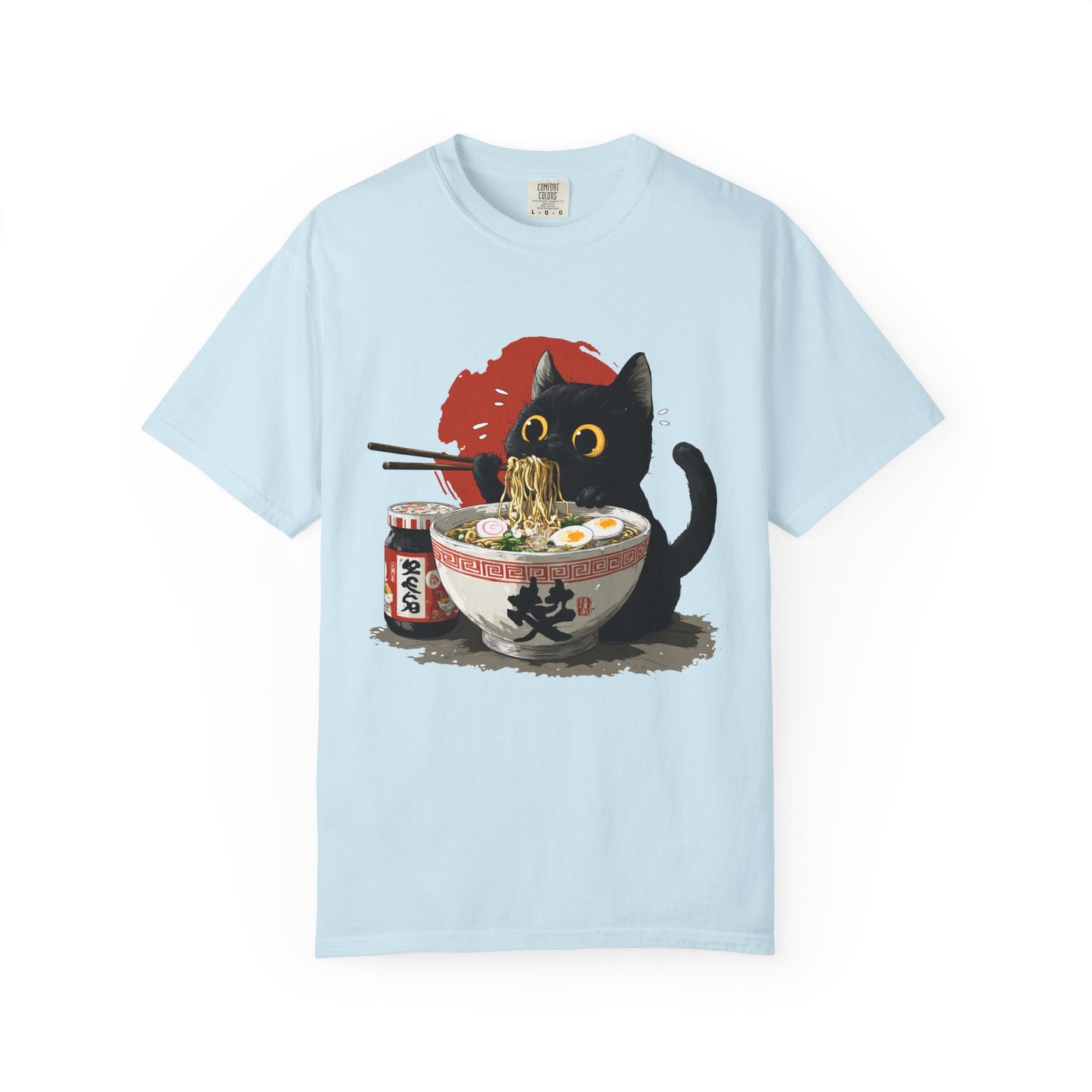 Cat eating ramen noodles Unisex Garment-Dyed T-Shirt - Casual Vintage Style for Everyday Wear