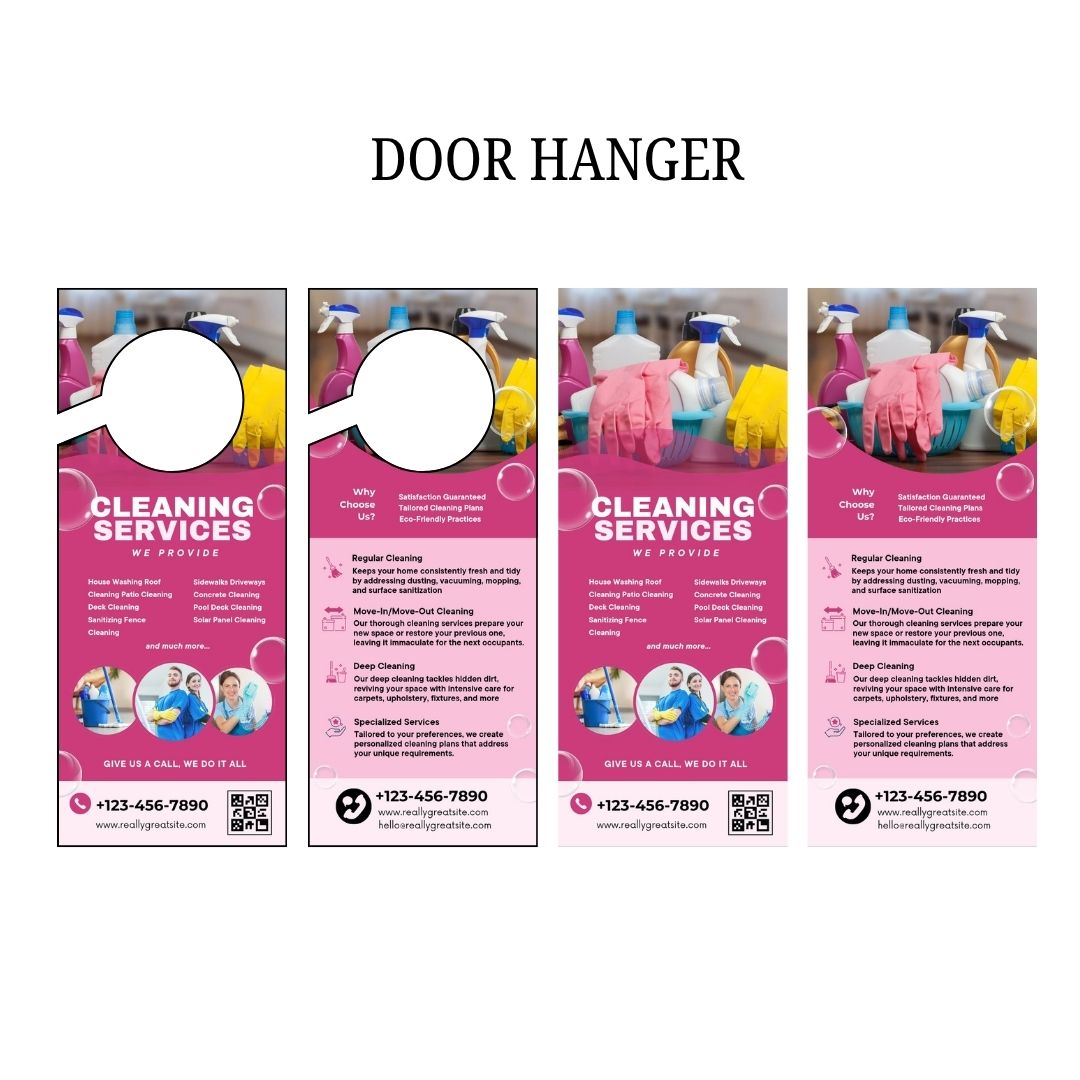 Cleaning Services Bundle, Business Forms, Door Hanger, Flyers, Business Card, Social Media Post, Canva Templates Pink Theme