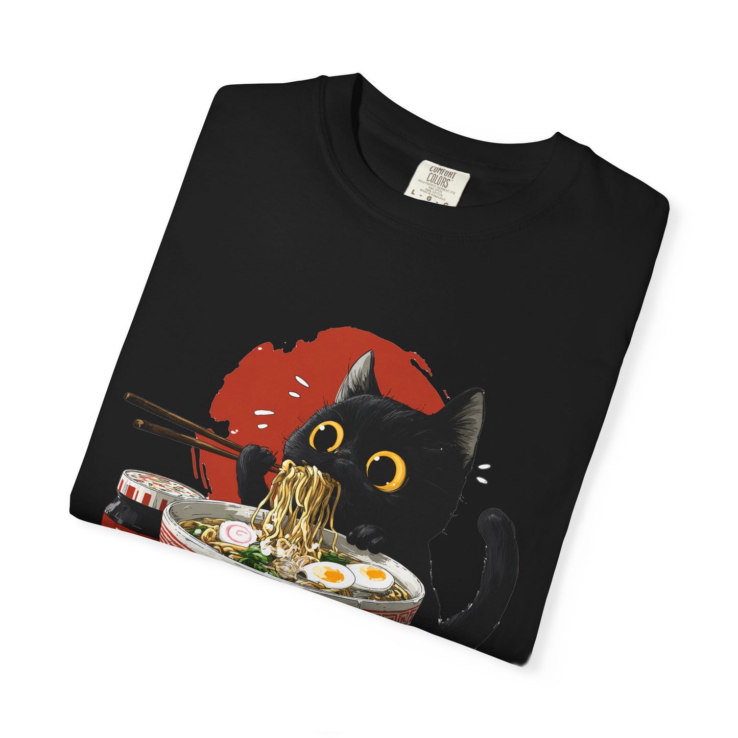 Cat eating ramen noodles Unisex Garment-Dyed T-Shirt - Casual Vintage Style for Everyday Wear