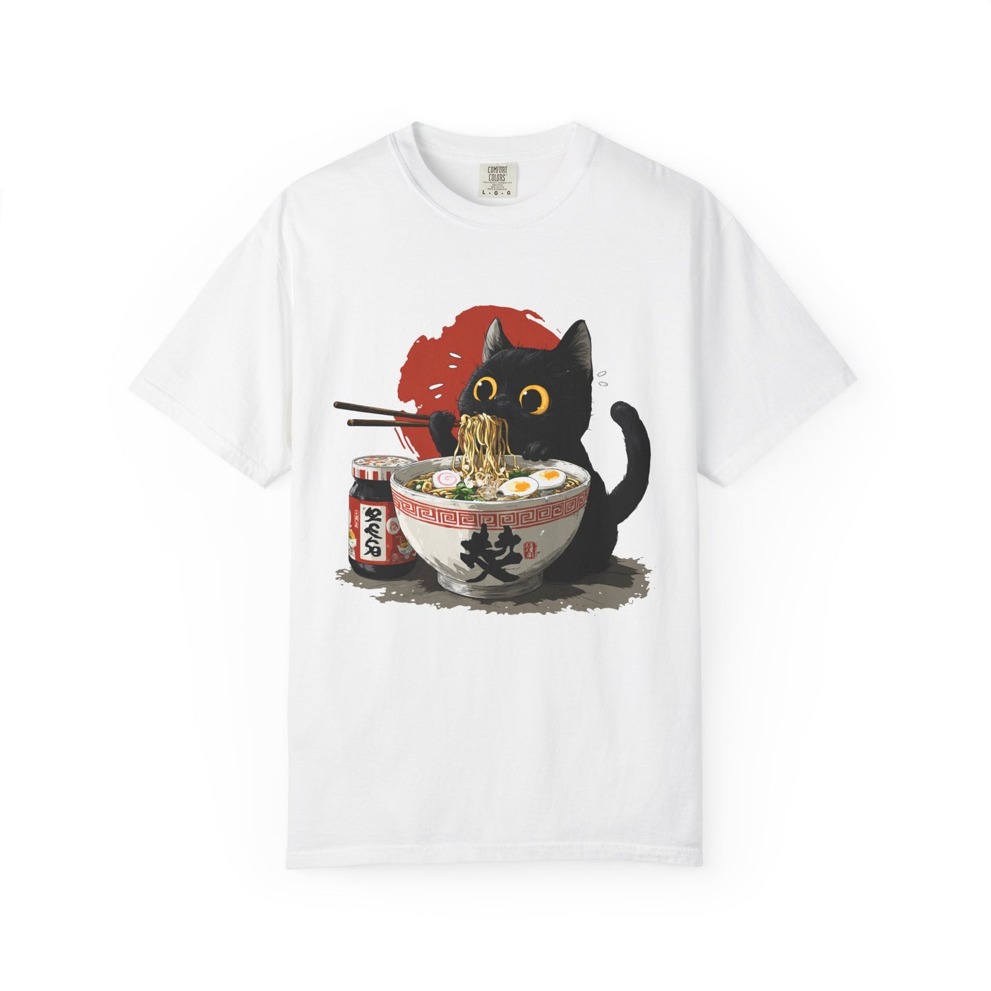 Cat eating ramen noodles Unisex Garment-Dyed T-Shirt - Casual Vintage Style for Everyday Wear