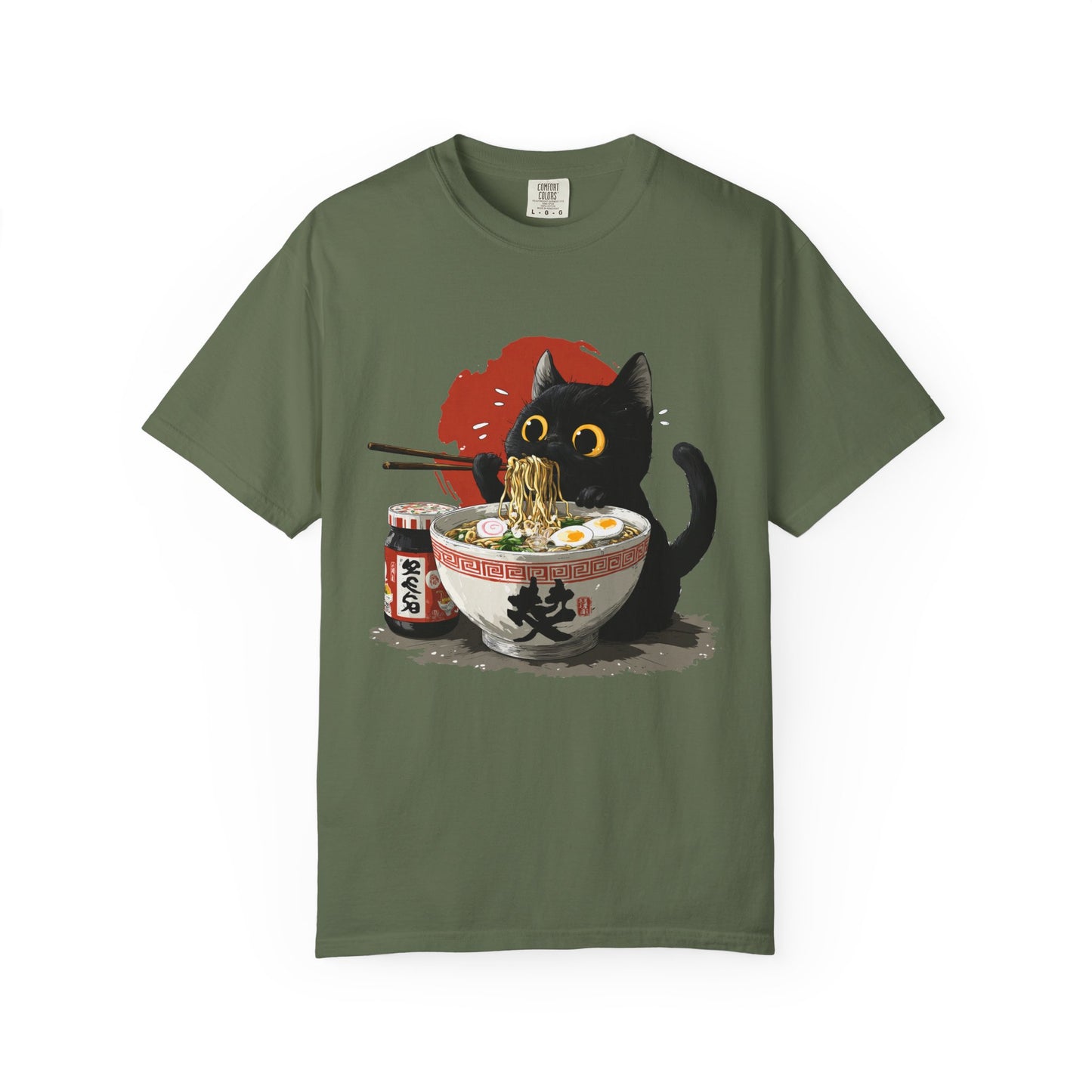 Cat eating ramen noodles Unisex Garment-Dyed T-Shirt - Casual Vintage Style for Everyday Wear