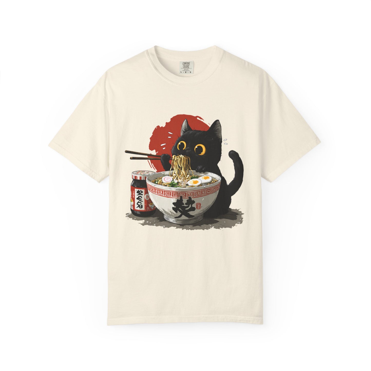 Cat eating ramen noodles Unisex Garment-Dyed T-Shirt - Casual Vintage Style for Everyday Wear