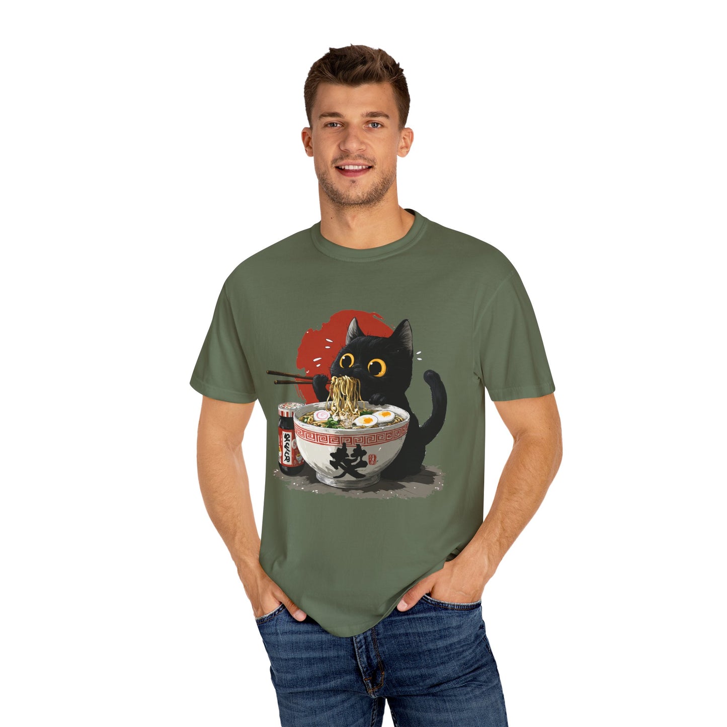 Cat eating ramen noodles Unisex Garment-Dyed T-Shirt - Casual Vintage Style for Everyday Wear