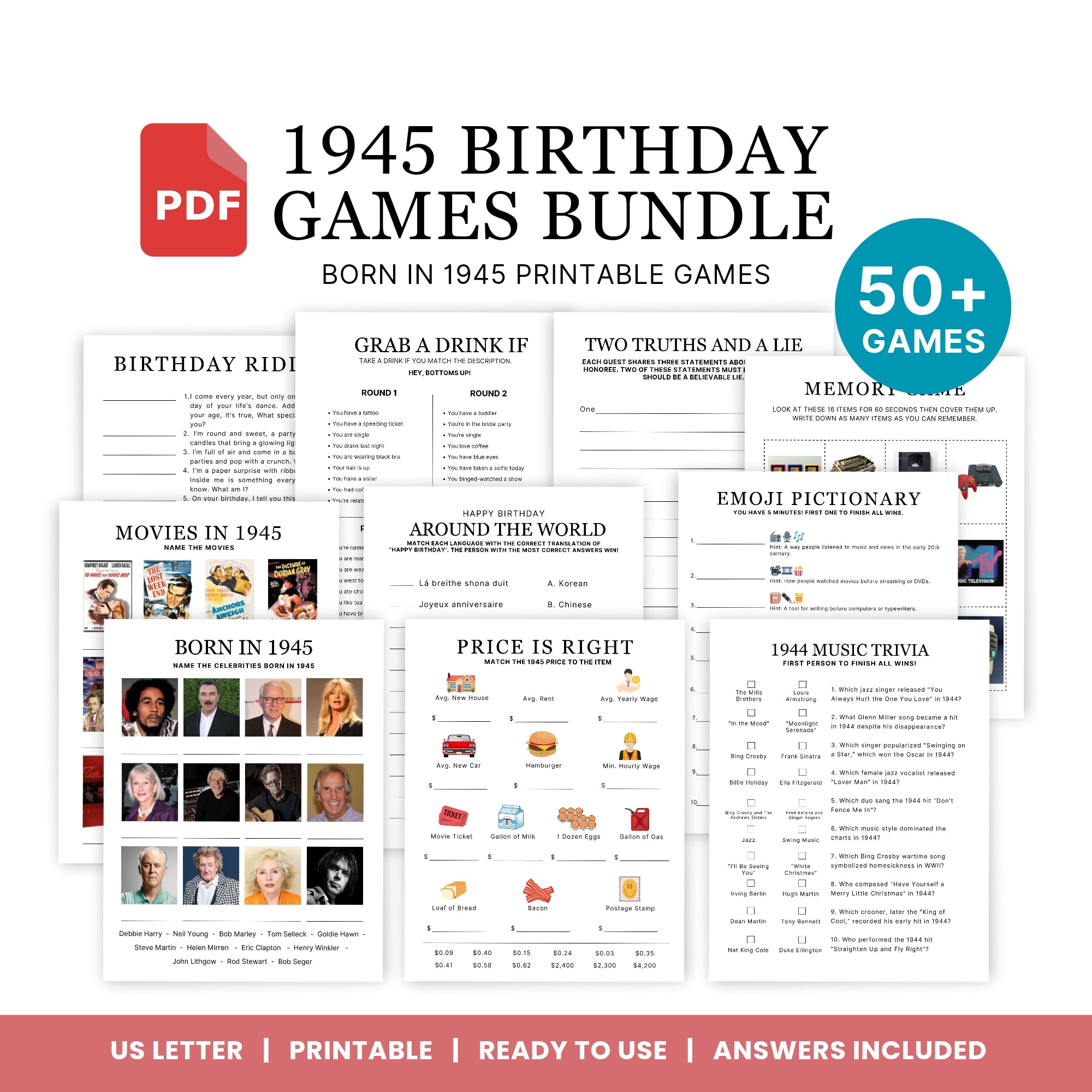 1945 Birthday Games, Born in 1945 Games, 80th Birthday Party Games, Printable Birthday Bundle