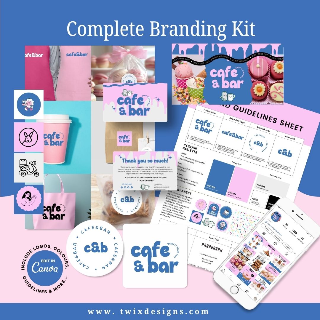 Branding Kit Cafebar Editable Canva Templates Business Cards Marketing Posts Blue Pink Theme