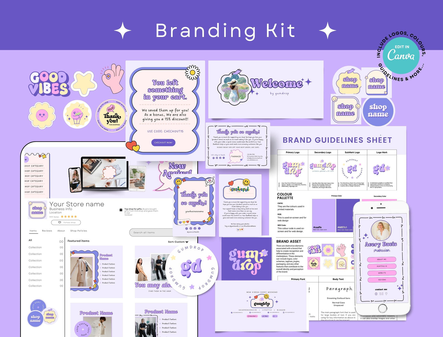 Branding Kit Cute Gumdrop Canva Templates Etsy Kit Purple Theme