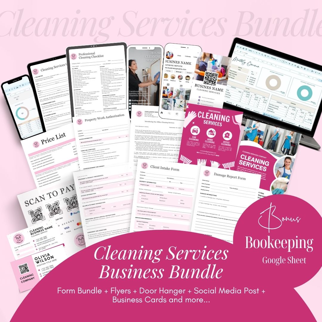 Cleaning Services Bundle, Business Forms, Door Hanger, Flyers, Business Card, Social Media Post, Canva Templates Pink Theme
