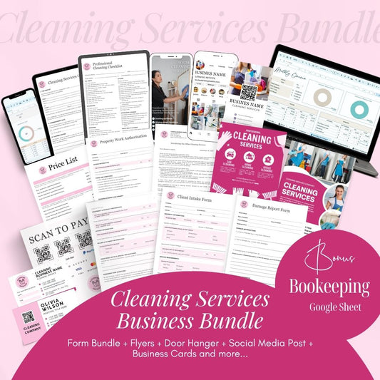 Cleaning Services Bundle, Business Forms, Door Hanger, Flyers, Business Card, Social Media Post, Canva Templates Pink Theme