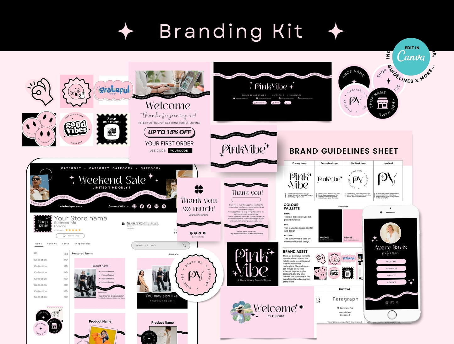 Branding Kit Pinkvibe Canva Templates Product Fashion Coach Etsy Kit BlackPink Theme