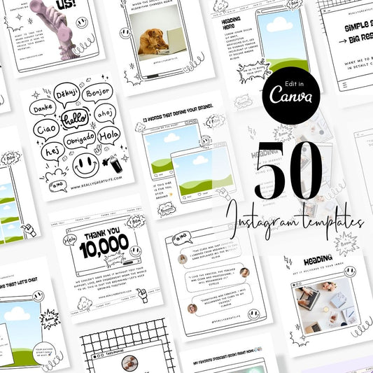 50 Comic Black White Social Media Instagram Post, Digital and Physical Product Personal Brand, Editable Canva Template