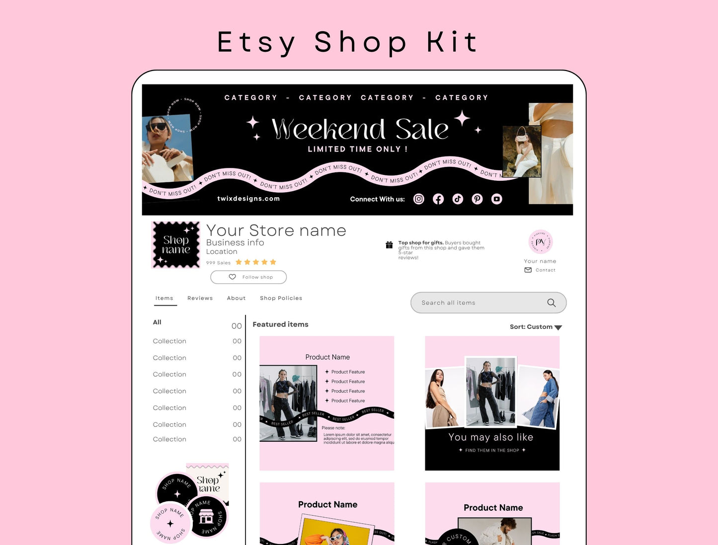 Etsy Shop Kit Pinkvibe Bundle, Editable Canva Templates, Product Listing Photos Mockup, Etsy Seller Retro Drawn Store Branding