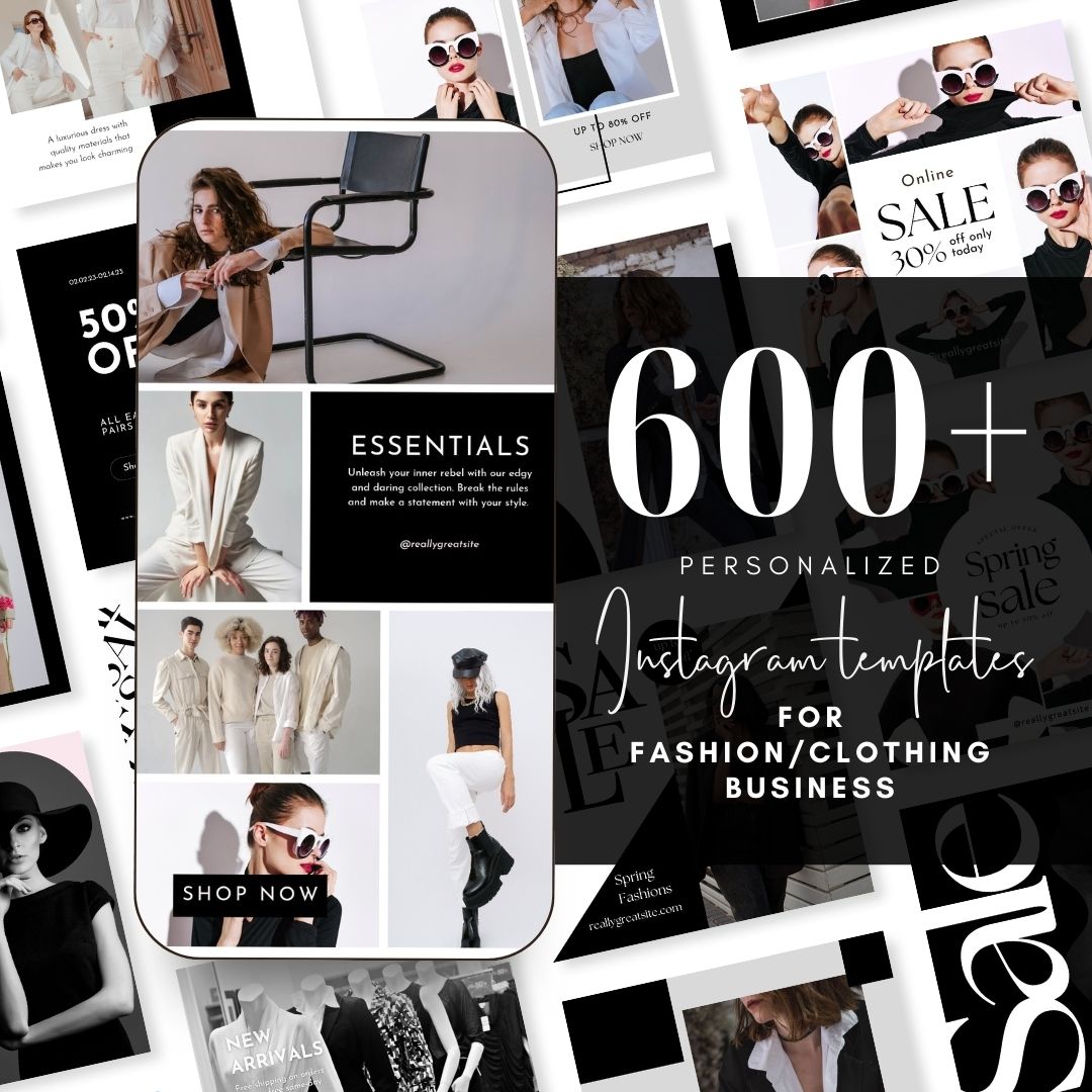 600 Black White Fashion Social Media Instagram, Clothing business brand, Editable Canva Templates