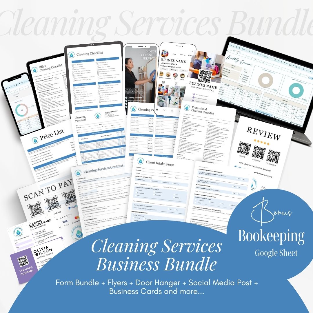 Cleaning Services Bundle, Business Forms, Door Hanger, Flyers, Business Card, Social Media Post, Canva Templates Blue Themes