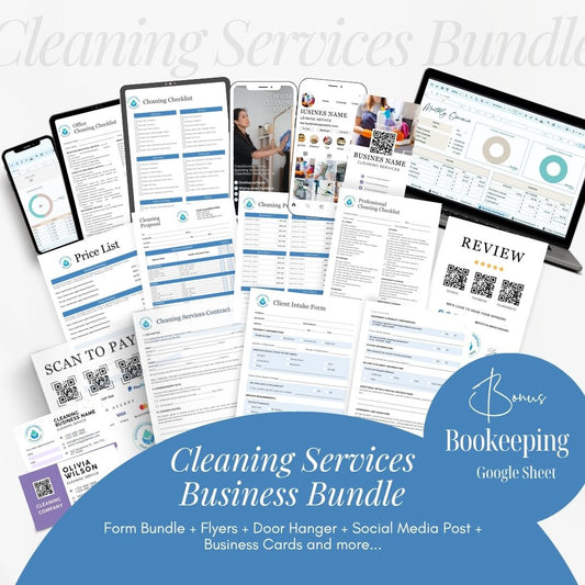 Cleaning Services Bundle, Business Forms, Door Hanger, Flyers, Business Card, Social Media Post, Canva Templates Blue Themes