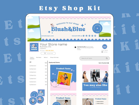 Etsy Shop Kit Blush&Blue Bundle, Editable Canva Templates, Product Listing Photos Mockup, Etsy Seller Store Branding