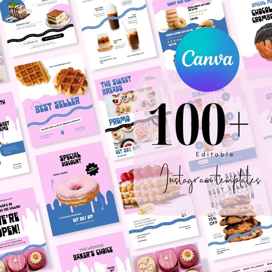 30+ cafebar Blue Pink Vibrant Pop Colorful Social Media Instagram Post, Coffee Cafe Dessert Resto Theme Editable Canva Template
